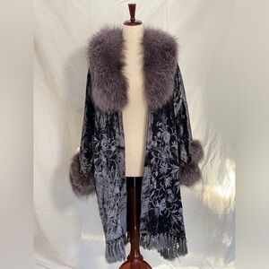 Adrienne Landau Deep Purple Velvet Embroidered Cloak with Fox Fur Trim